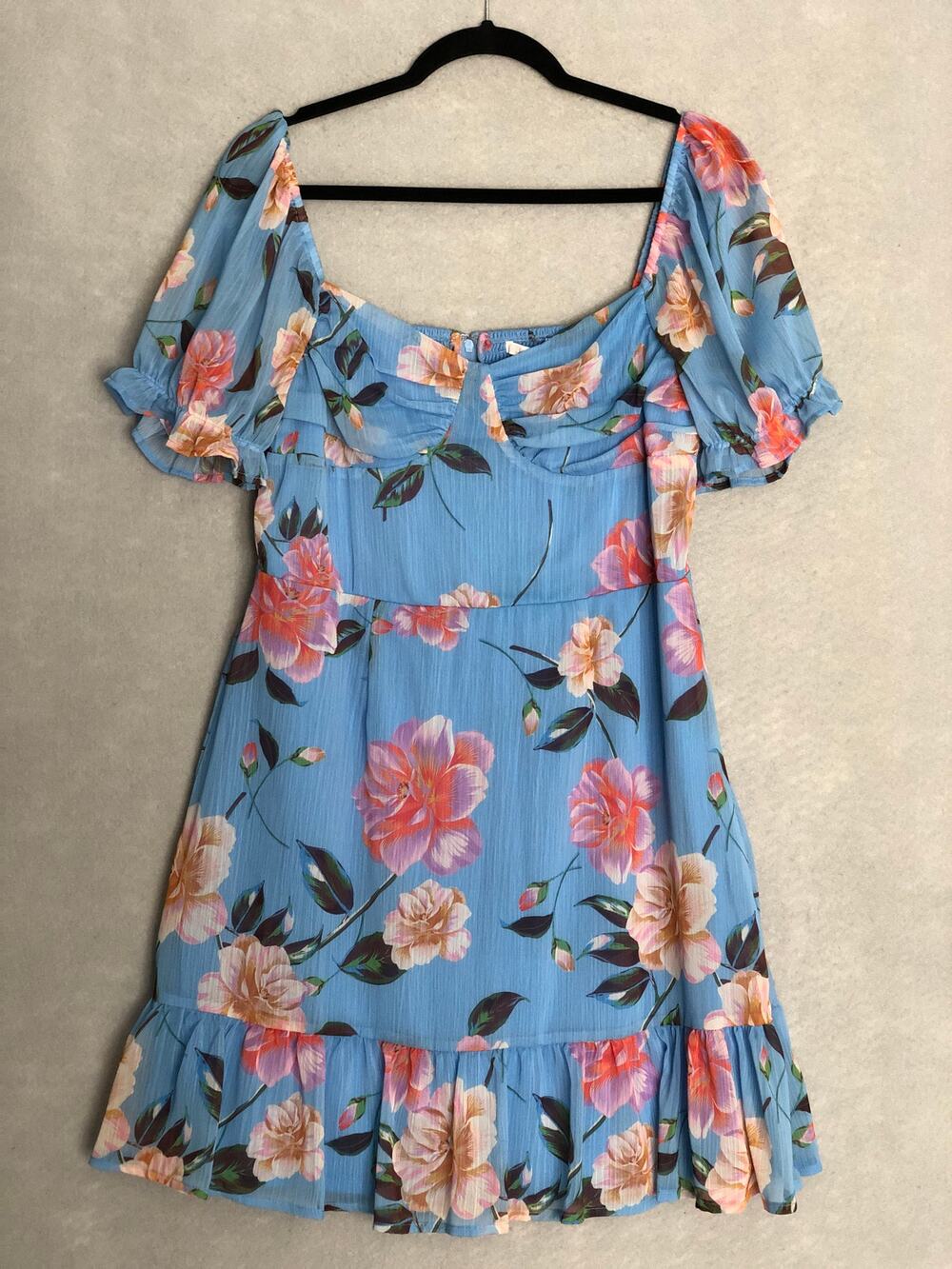 GB Chiffon Mini Dress Floral Printed Smocked Blue Junior Girl's XL NEW